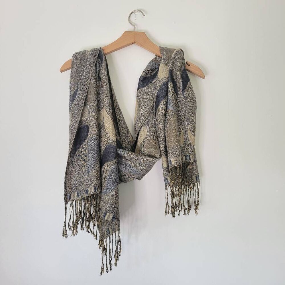 Pashmina Silk Scarf Fringe Paisley Blue Yellow Gray OS